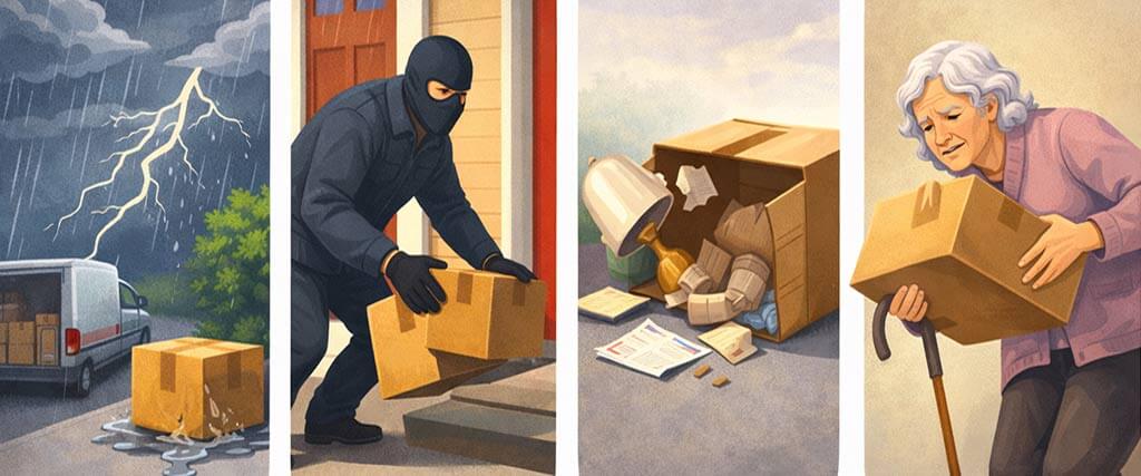 Image depicts the cons of curbside delivery, such as damaged goods and theft.