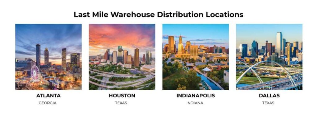 Image depicts USA Last Mile Logistics's 3PL warehouse distribution locations for same-day last mile delivery in the US.